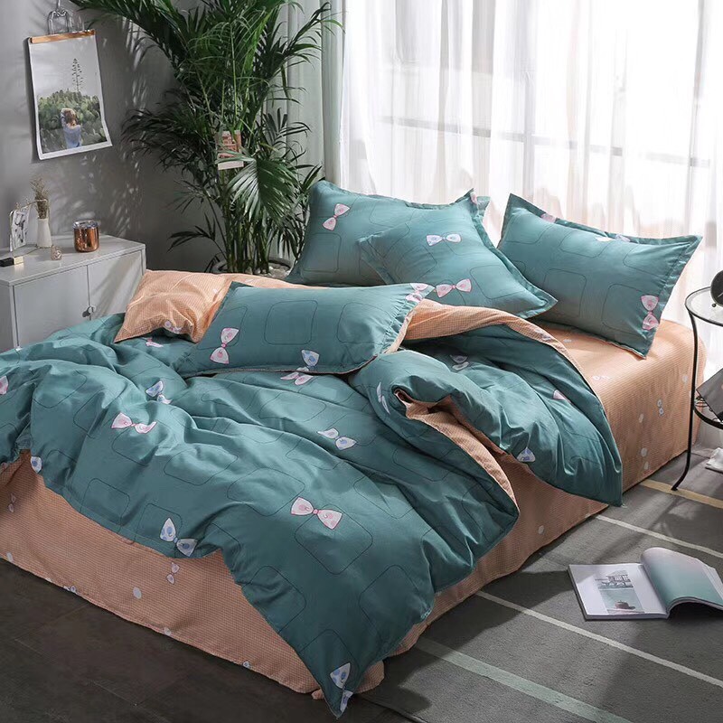 Bộ Chăn Ga Cotton Poly Emmidecor Mẫu nơ xanh