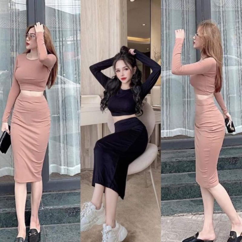 Set đầm body có Chân váy dài và áo Croptop dài tay sexy, mặc siêu tôn dáng