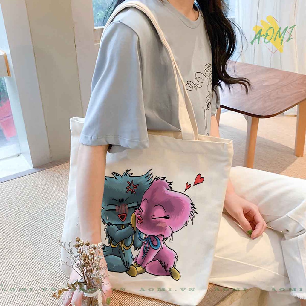 TOTE CANVAS HUGGY WUGGY TÚI VẢI ĐEO VAI BAG CÓ KHÓA KÉO SIZE LỚN 33x38cm AOMIVN DU LỊCH MÀU ĐEN TRẮNG