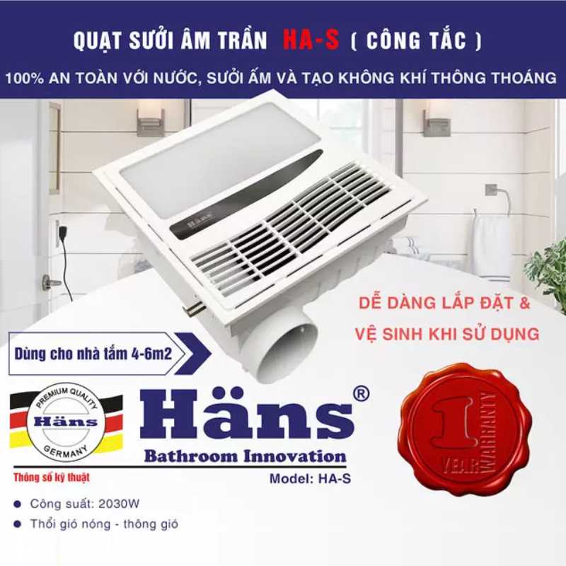Quạt Sưởi Phòng Tắm Hans HA-S Âm Trần Kết Hợp Thông Gió
