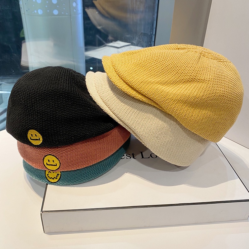 Mũ nồi thoáng khí thêu hình mặt cười thời trang Hàn Quốc cho nữ