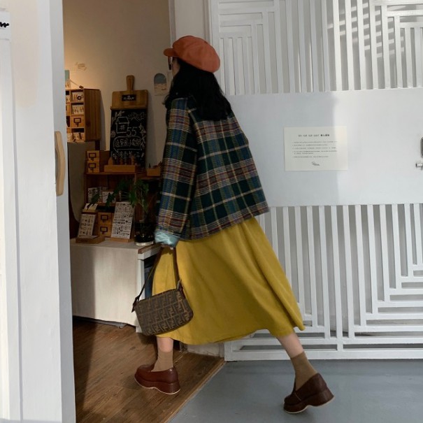 (ORDER) Áo kkhóa dạ nữ kẻ sọc xanh cổ bẻ POLO búp bê+ Chân váy xòe dài style Vintage Hong Kong | BigBuy360 - bigbuy360.vn