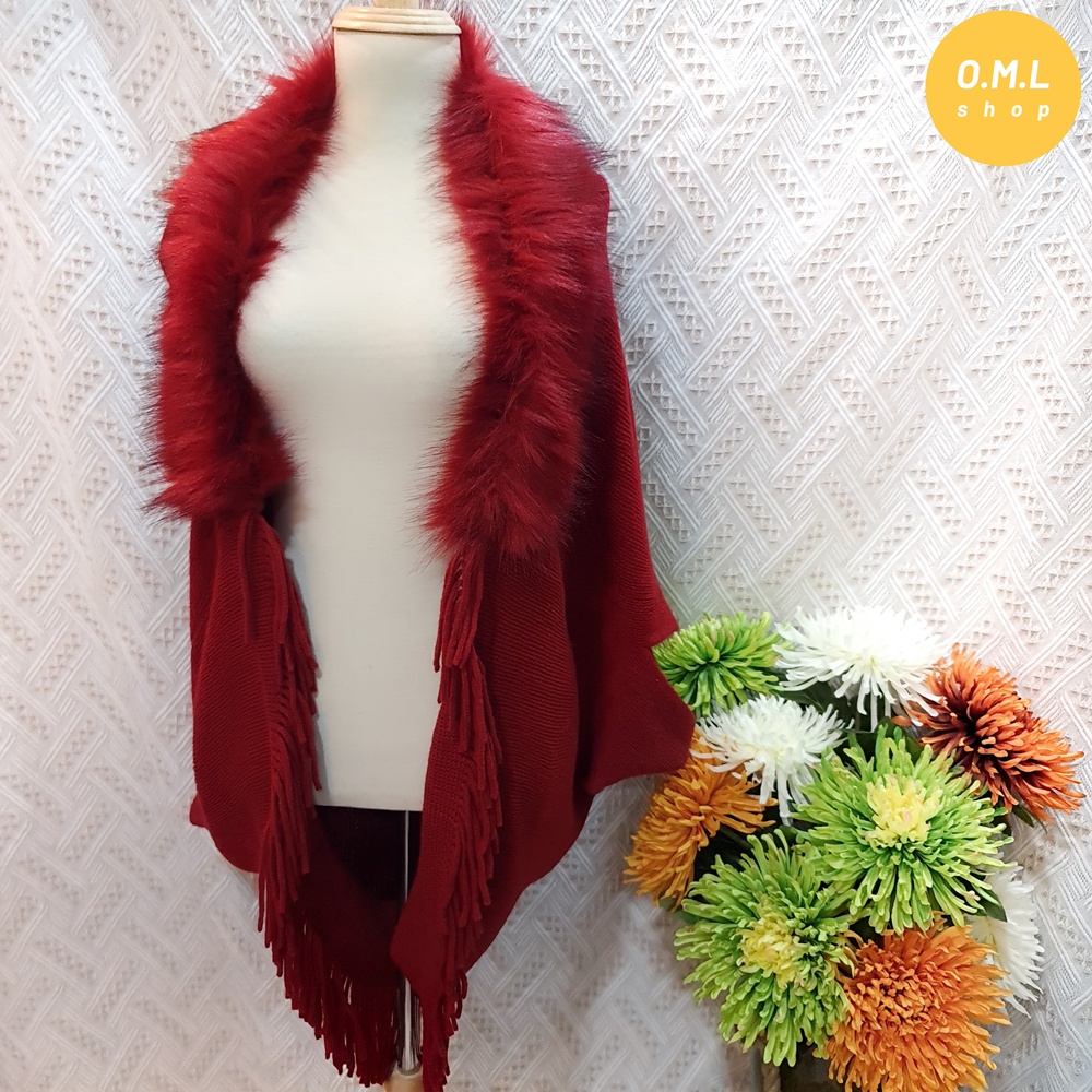 Áo khoác len áo choàng tua rua cổ lông thời trang