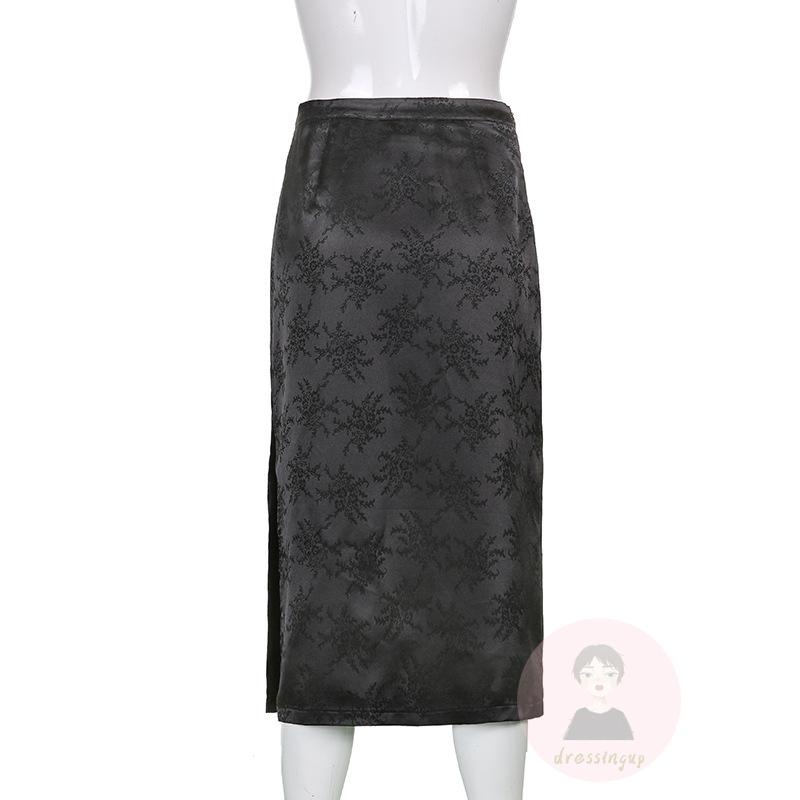 Chân Váy Midi Dài Xẻ Tà Lưng Cao Thêu Hoa Phong Cách Gothic Cho Nữ