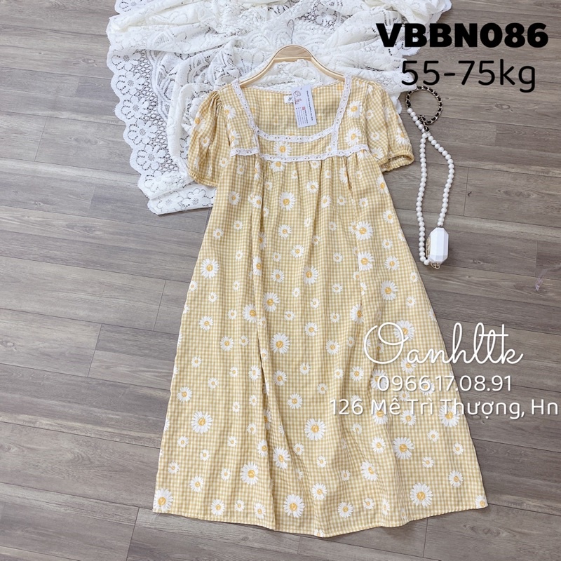 ( 50-75kg) Đầm Bầu mùa hè - Váy bầu Cổ Viền Ren kẻ hoa thoải mái tới sinh