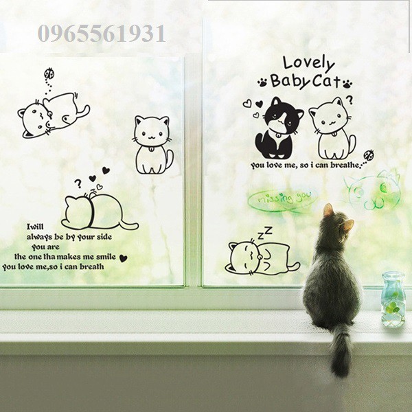 Decal Dán Tường,Trạnh Chi Tiết Sẵn Keo Bóc Dán Mèo Đáng Yêu AY9048