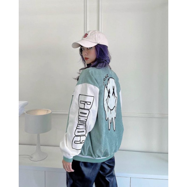 Áo Khoác Bomber Nhung Chữ G Măt Cười Thêu Sắc Nét 💖HOT RẺ ĐẸP💖Kiểu Rộng unisex Chống Nắng - Mùa Đông Couple Jackets