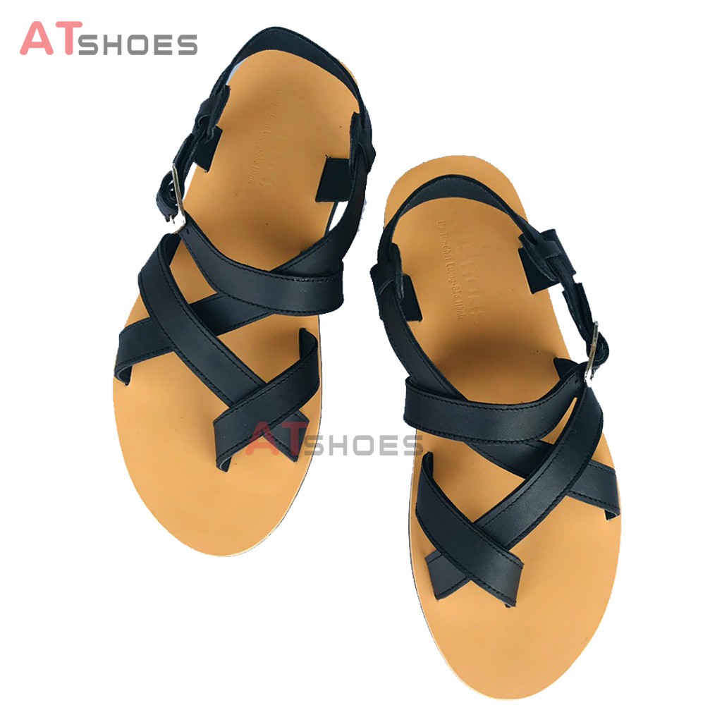 Dép Sandal Unisex cao cấp Da Bò Thật Sandal xỏ ngón nam nữ chuẩn kiểu Hàn Quốc Trẻ Trung Atshoes AT40(Đen Đế vàng)