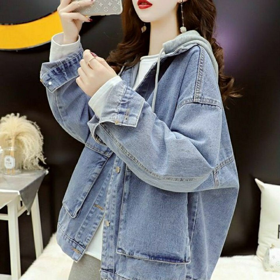 Áo khoác denim dáng rộng có nón phong cách Hàn Quốc dễ phối đồ thời trang xuân thu mới cho nữ