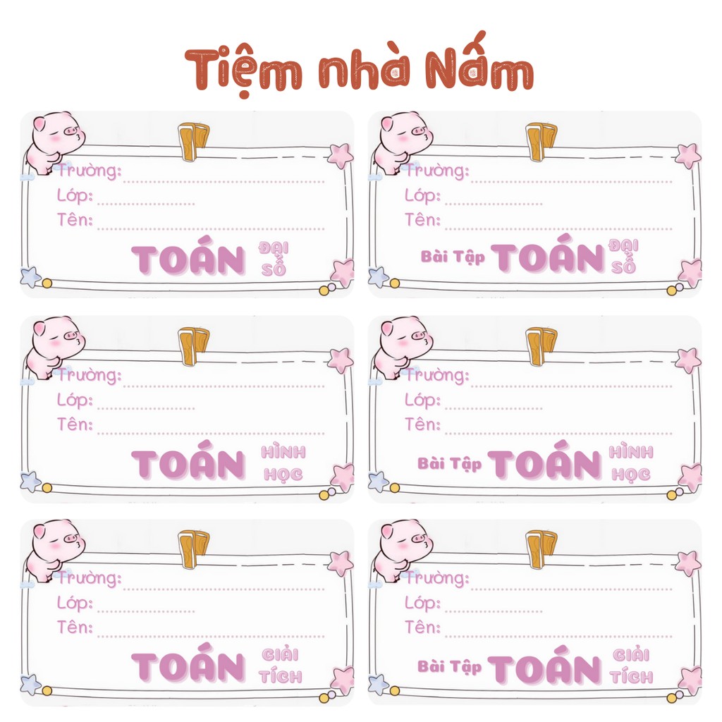 Combo Nhãn Vở Thiết Kế Theo Tên Môn Học, Con Heo Hồng
