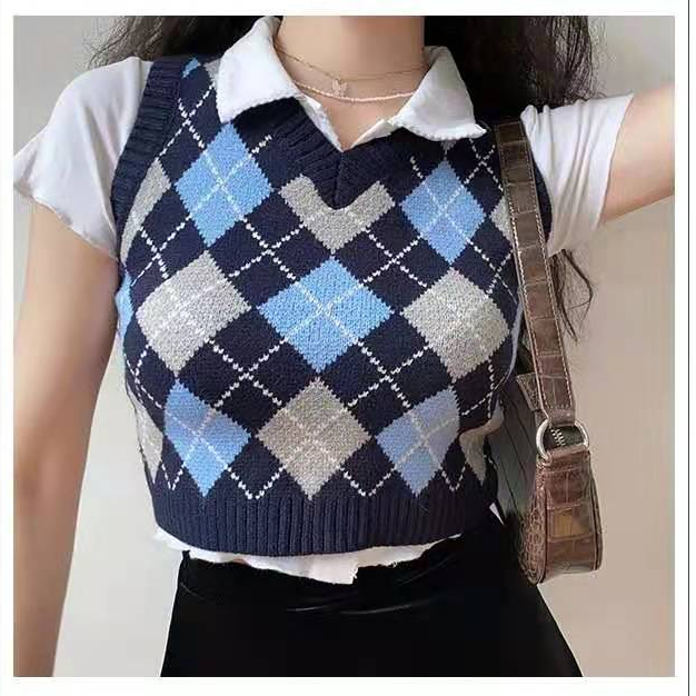 SUXI Áo Len Nữ Cộc Tay Cổ Chữ V Thời Trang Hàn