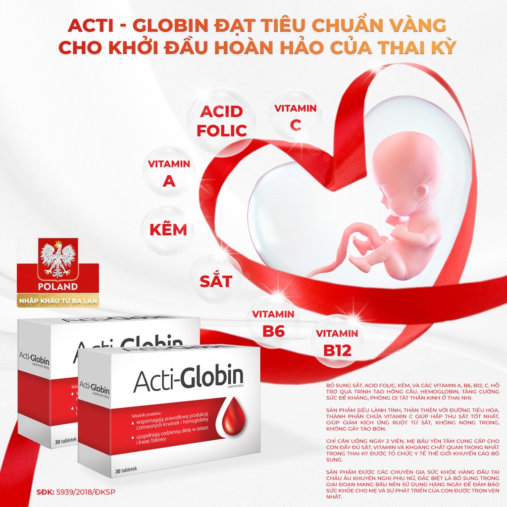 Viên Uống Bổ Sung Sắt Acti-Globin AFLOFARM Cho Bà Bầu, Phòng Thiếu Máu Thiếu Sắt Hộp 30 Viên