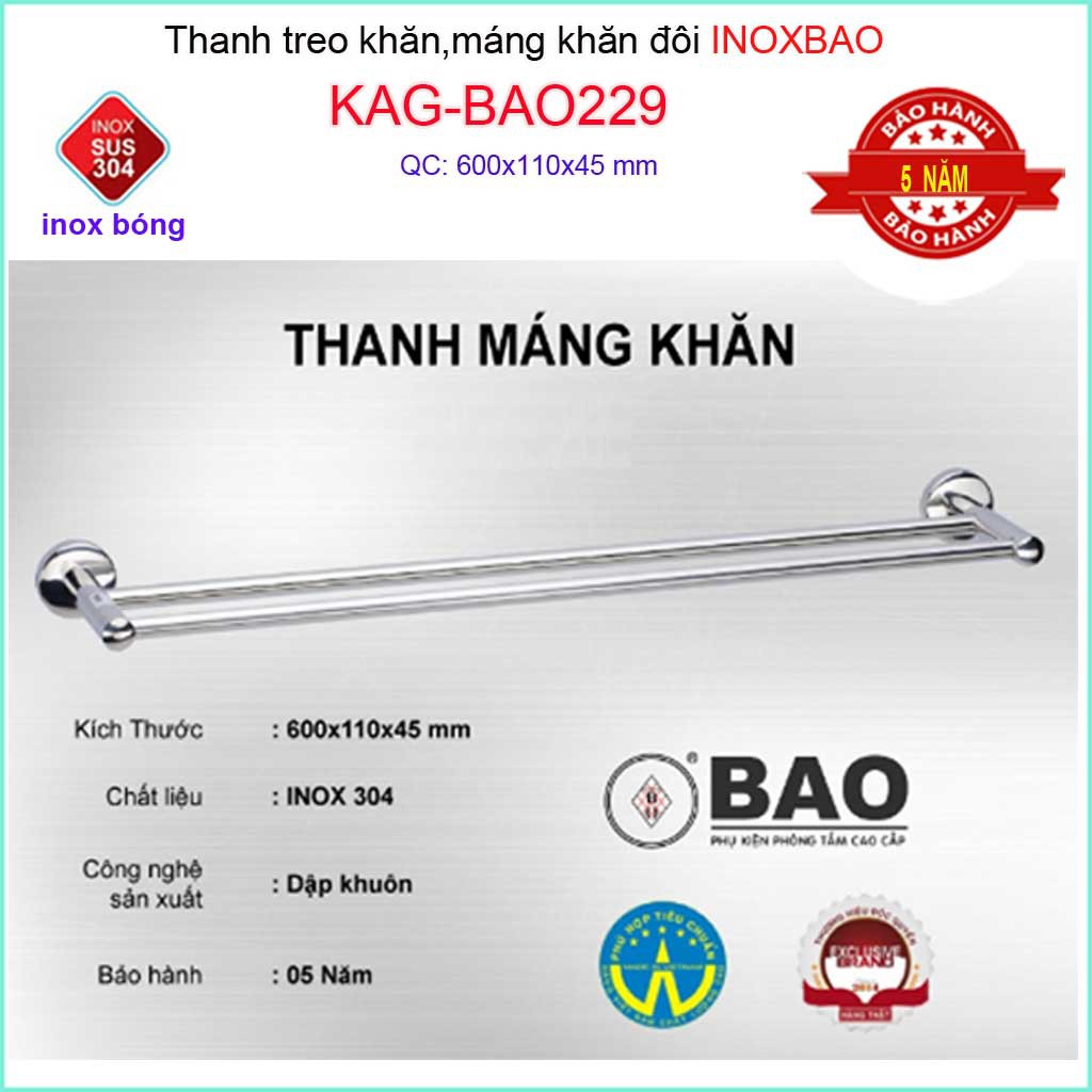 Thanh treo khăn đôi inox Bảo KAG-BAO229, vắt khăn nhà tắm SUS304 sáng bóng cao cấp siêu bền tiện dụng