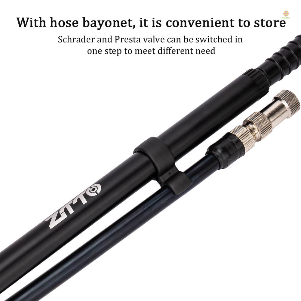 Bơm Xe Đạp 300PSI Mini ZTTO Áp Suất Cao Kèm Van Schrader & Đồng Hồ Đo Phuộc Trước Và Sau