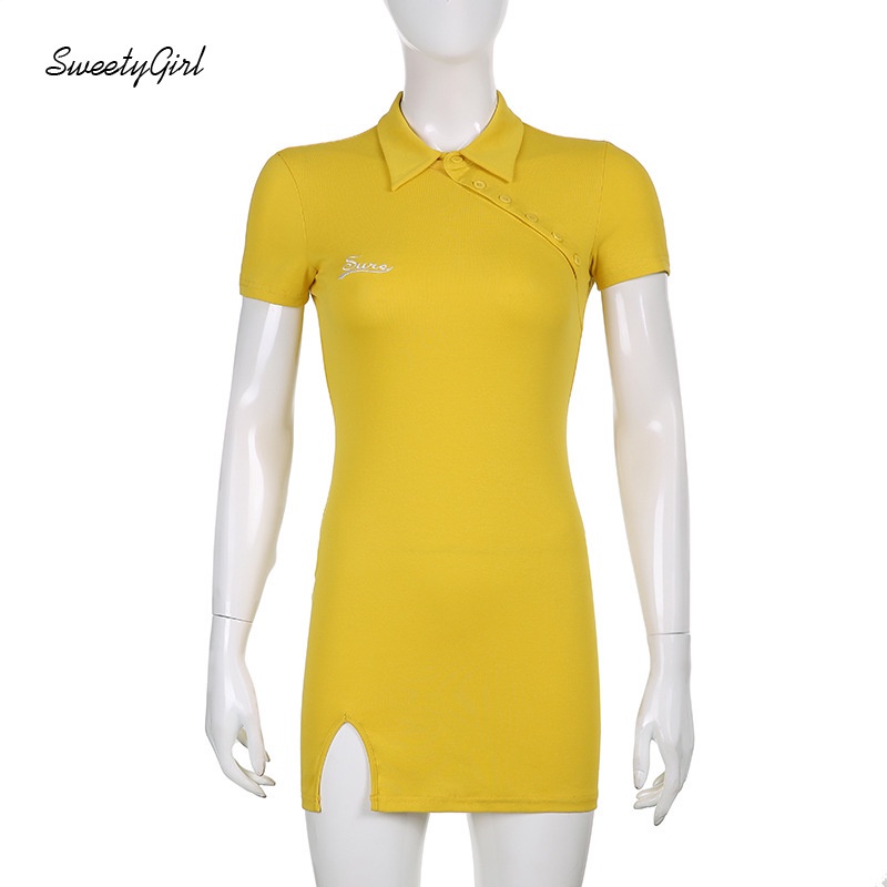 Đầm Ôm Tay Ngắn Cổ Polo Thêu Chữ Thời Trang Dành Cho Nữ