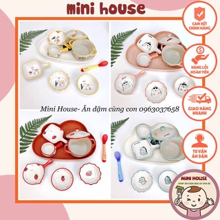 Bộ bát sứ ăn dặm cho bé kèm khay, set bát sứ ăn dặm cho bé dụng cụ ăn dặm màu sắc đáng yêu ngộ nghĩnh