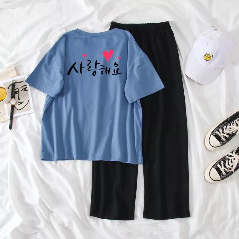 Sét Áo phông chữ hàn + quần suông trơn, Áo thun from rộng, Chất đẹp không xù, Sét bộ mặc ở nhà - MODY