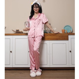 Đồ ngủ pijama lụa gấm chấm bi cộc dài