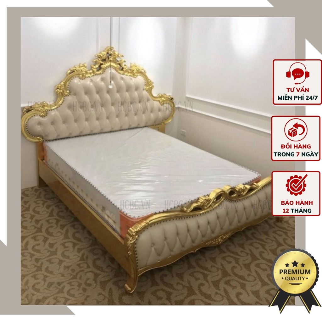Giường ngủ gỗ sồi bọc da bò cao cấp 2002 leafgold bed1.8m.