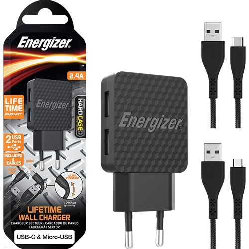 Combo cốc sạc Energizer 2.4A 2USB + Cáp Micro USB + Cáp USB Type-C 2.0 1.2m AC2BEULCMM - Hàng chính hãng