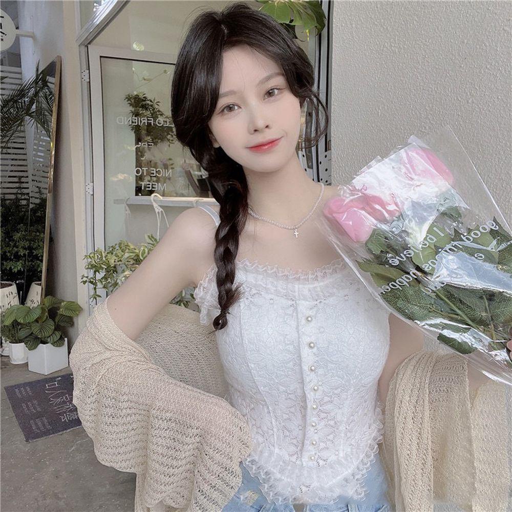 QQMALL Áo Ngực Nylon Hai Dây Phối Ren Màu Trơn Thoáng Khí Thời Trang Mùa Hè Cho Nữ