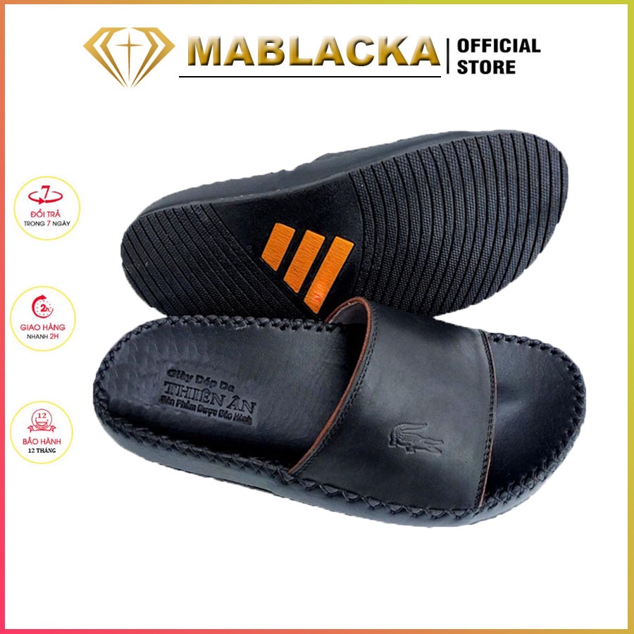 Dép nam,dép da nam quai ngang da bò đẹp MABLACKA màu Đen viền Nâu cao 2,5cm D74