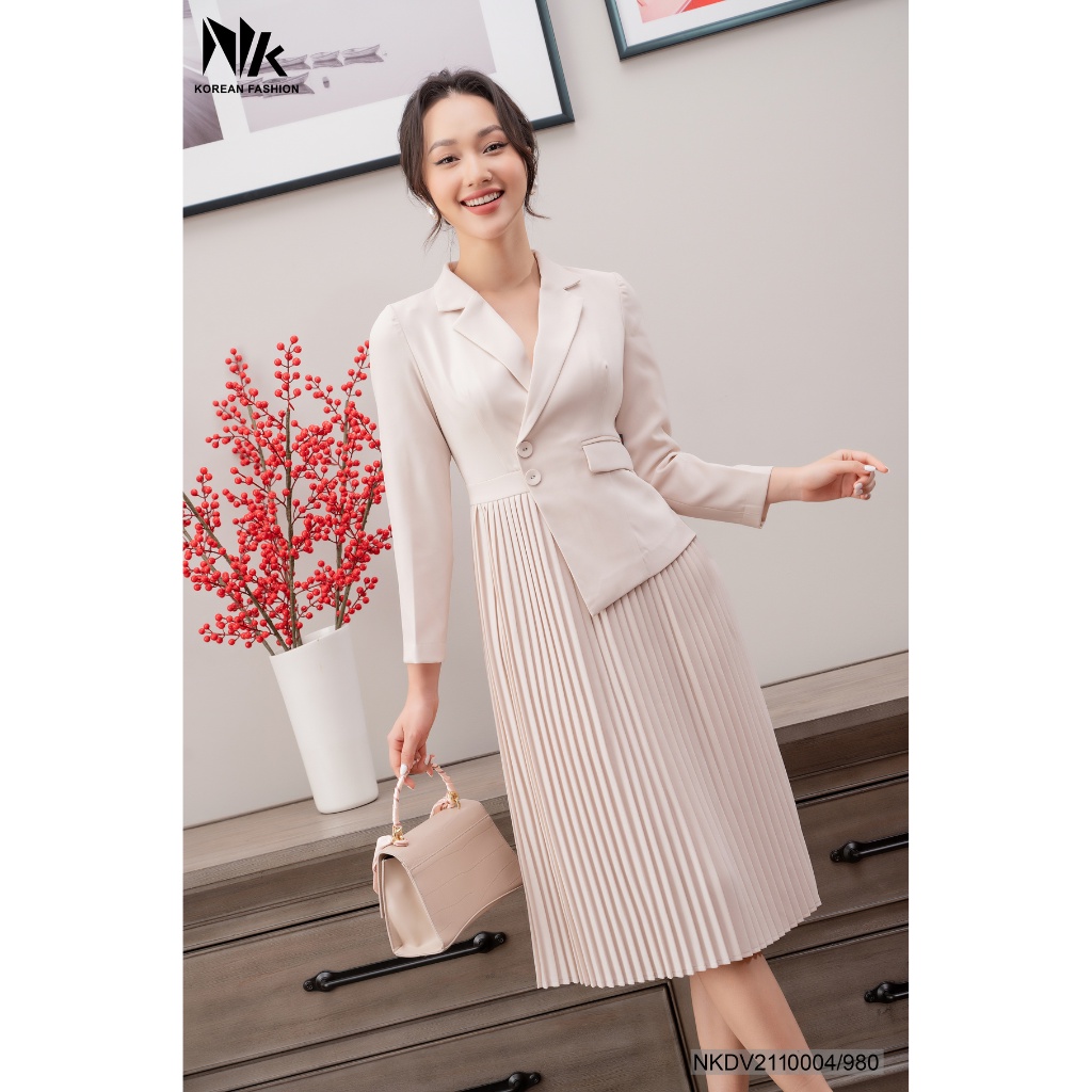 Váy Công Sở Xếp Ly Cổ Vest NK Fashion, Thiết Kế 2 Cúc Tà Lệch Sang Chảnh Tôn Dáng NKDV2110004