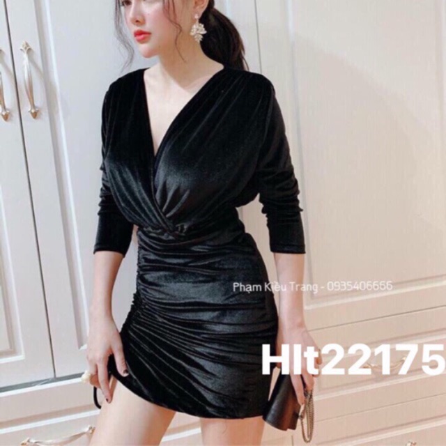 Siêu sale Đầm ôm body nhung tay dài cổ đắp chéo