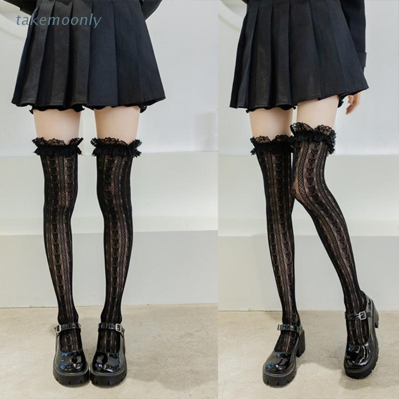 Tất dài qua gối viền ren họa tiết trái tim kẻ sọc phong cách Lolita Nhật Bản cho nữ