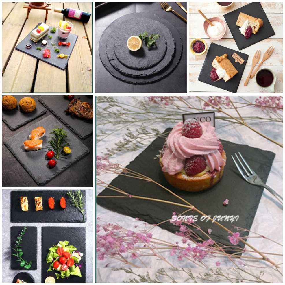Đĩa đá đen trang trí chụp ảnh food, bánh, sản phẩm vintage. khay đá decor bàn tiệc, bàn ăn