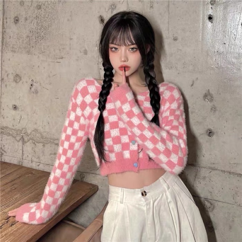 Áo lông croptop ca rô hồng dài tay phong cách chic ulzzang SAM SAM BOUTIQUE
