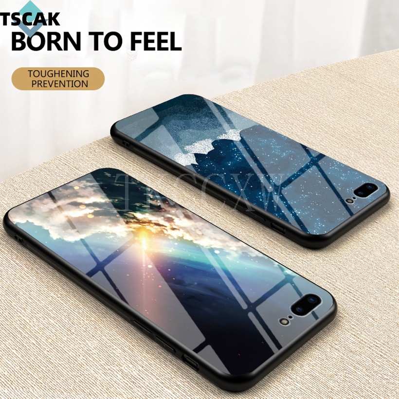 Ốp Điện Thoại Cứng Mặt Kính Cường Lực Góc Mềm Hình Bầu Trời Đầy Sao Màu Gradient iPhone 5 5s 6 6s 7 8 Plus SE 2020