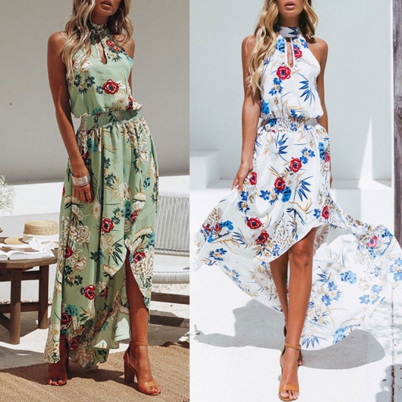 Đầm Maxi Dài Không Tay In Hoa Phong Cách BOHO Thời Trang Đi Biển Cho Nữ
