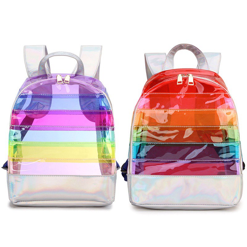 oksyevRainbow Stripe Laser Backpack PVC Transparent Contrasting Color Casual Large Capacity Unicorn Female Bag-Color Bar