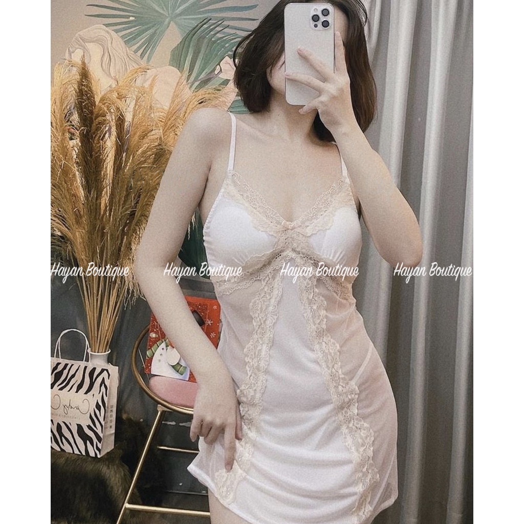 Váy ngủ sexy viền ren hông, đầm ngủ lụa mặc nhà gợi cảm #HT135