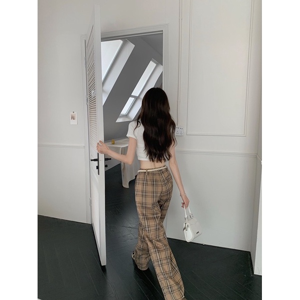 SET ÁO CROPTOP NÚT GÂN TRẮNG + QUẦN CARO CỘT DÂY (TH)