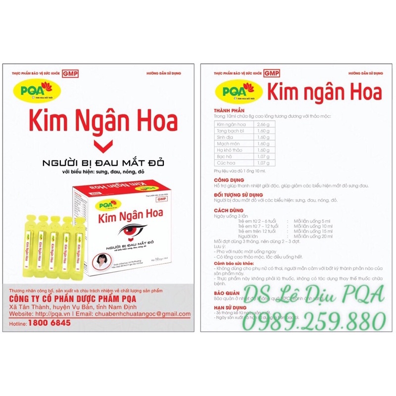 [Chính Hãng PQA] Kim ngân hoa PQA cho người bị viêm kết mạc, đau mắt đỏ mãn tính Hộp 10 ống cao lỏng