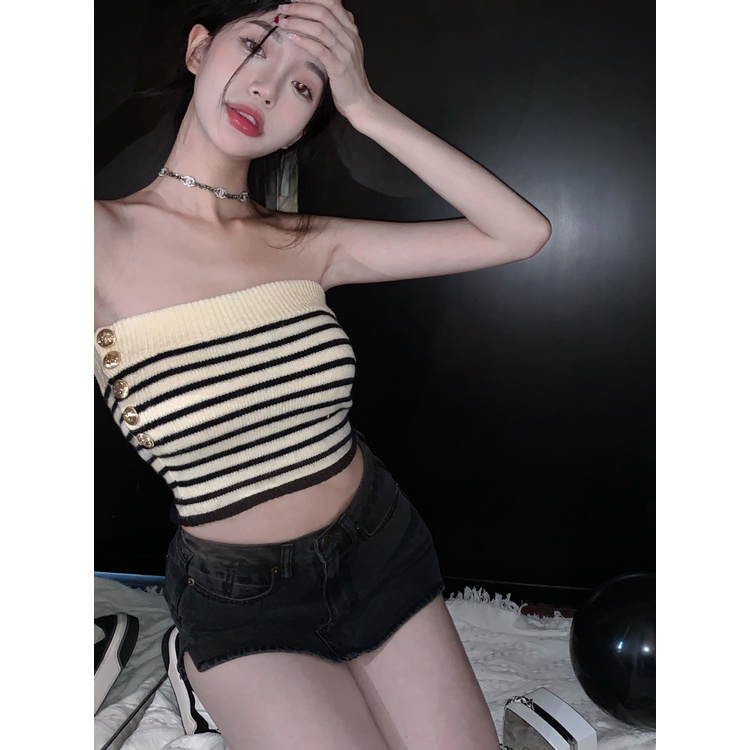 Kumikumi HUANG YOYO Áo Croptop Ống Mỏng Kẻ Sọc Phong Cách Hàn Quốc Thời Trang Mùa Hè 2023 Cho Nữ