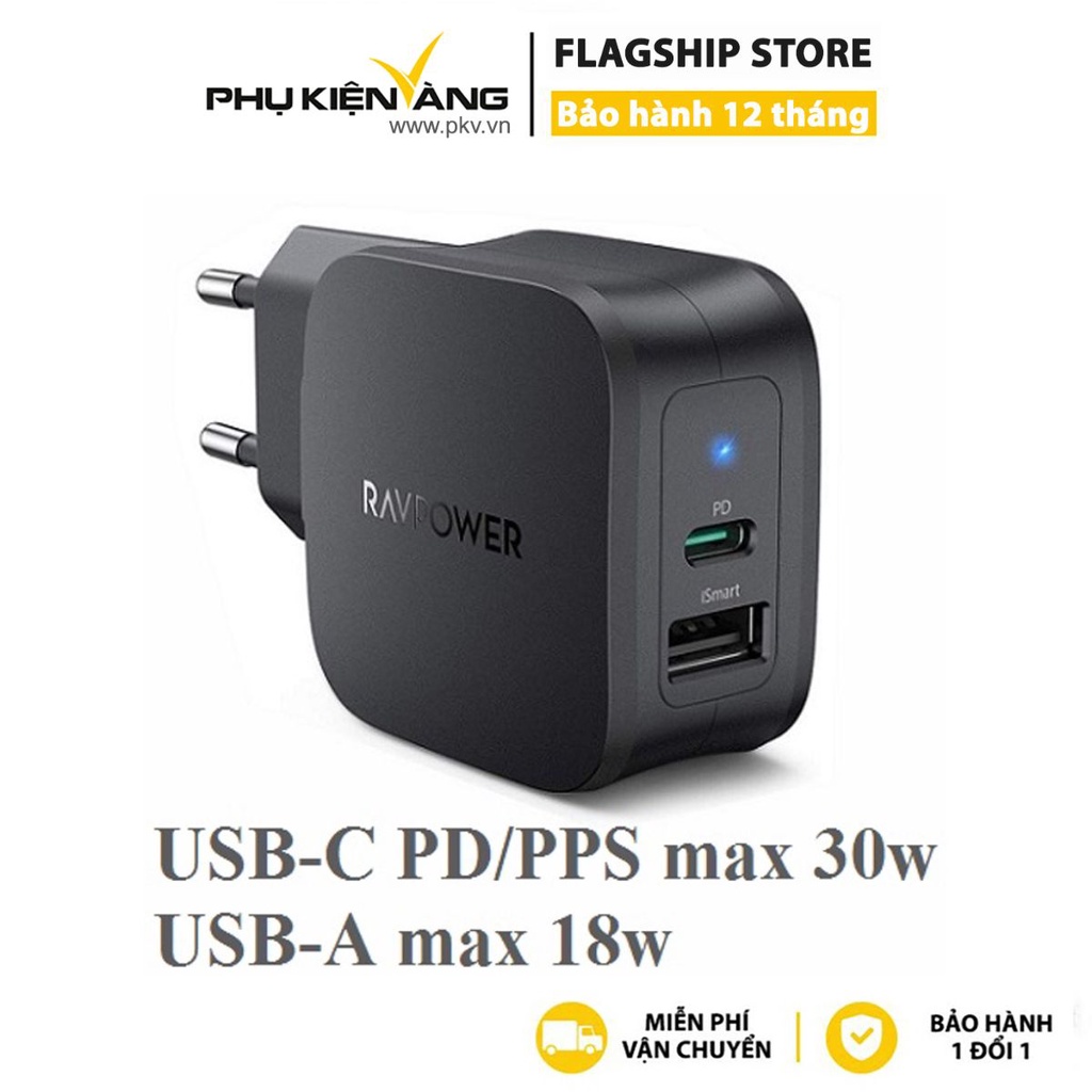 Củ sạc nhanh 30w 2 cổng RAVPower RP-PC144 hỗ trợ PD/PPS - Hàng chính hãng
