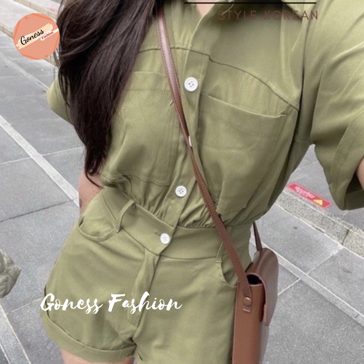 Bộ Jumpsuit Goness cổ sơ mi liền quần gập gấu dáng ngắn jum nữ body chất vải thô kaki cúc cài lưng chun chiết eo