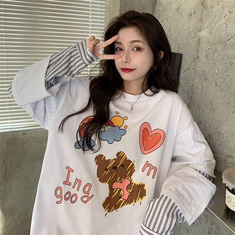 Áo Thun Tay Dài Kẻ Sọc Giả Hai Lớp Phong Cách Hàn Quốc Thời Trang 2022