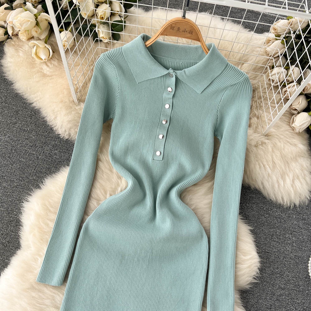 Đầm len cổ polo xẻ đùi gợi cảm, váy len dáng ôm