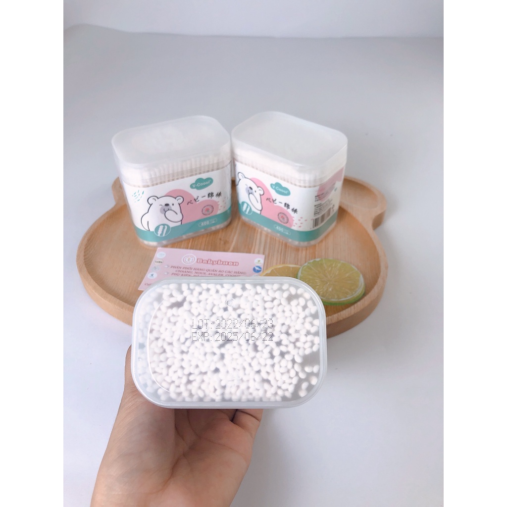Tăm Bông Cho Bé Sơ Sinh,Tăm Bông VCoool Cao Cấp Hộp Xanh Xuất Nhật 400 Que cho bé Babibu - TBV400