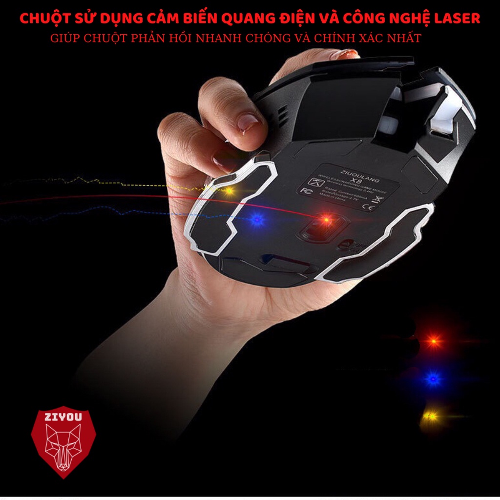 Chuột máy tính không dây Gaming Vinetteam X8 có đèn LED tự động đổi màu,có thể sạc lại, kết nối 2.4GHZ chuyên game