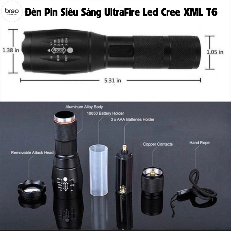 [Tặng Pin + Sạc + Hộp] Đèn Pin Siêu Sáng T6 UltraFire Led Cree XML breo market Hợp Kim Chống Nước Zoon xa Full box | BigBuy360 - bigbuy360.vn