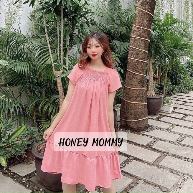 Váy Bầu Hè Công Sở Cổ Vuông Vải Đũi Mát HD2623 Honey Mommy Đầm Bầu Trễ Vai Đuôi Cá