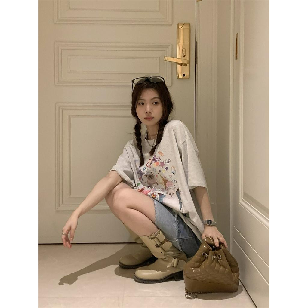 Áo Thun Cotton Dáng Rộng Ngắn Tay In Hình Mèo Dễ Thương Phong Cách Mới 62885