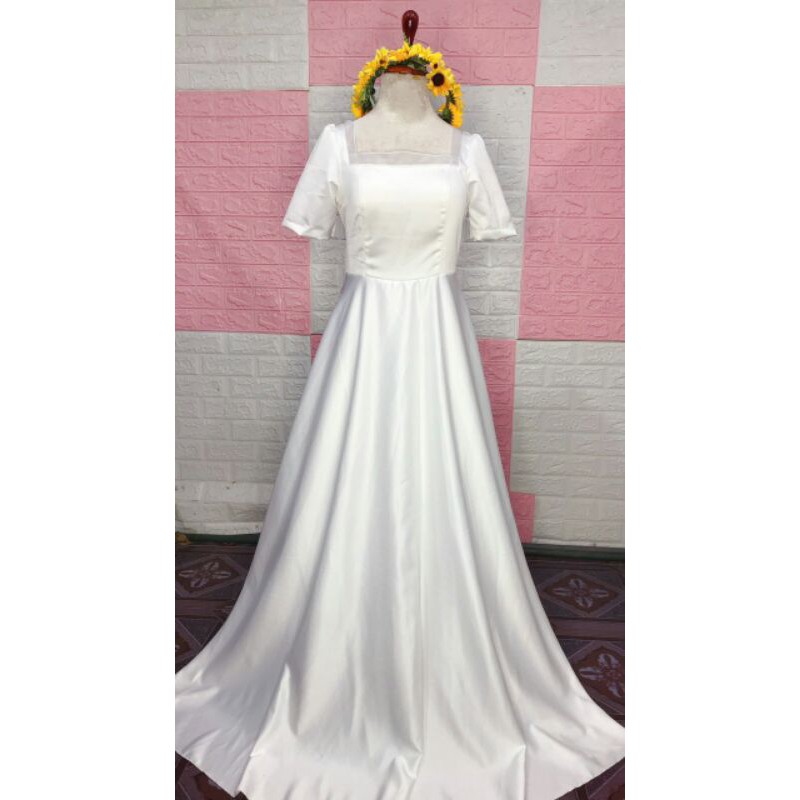 (miễn phí chỉnh váy) đầm dạ hội cưới tay ngắn váy xòe đuôi lê hở lưng cô dâu chụp ảnh cưới ngoại cảnh studio Hàn Quốc