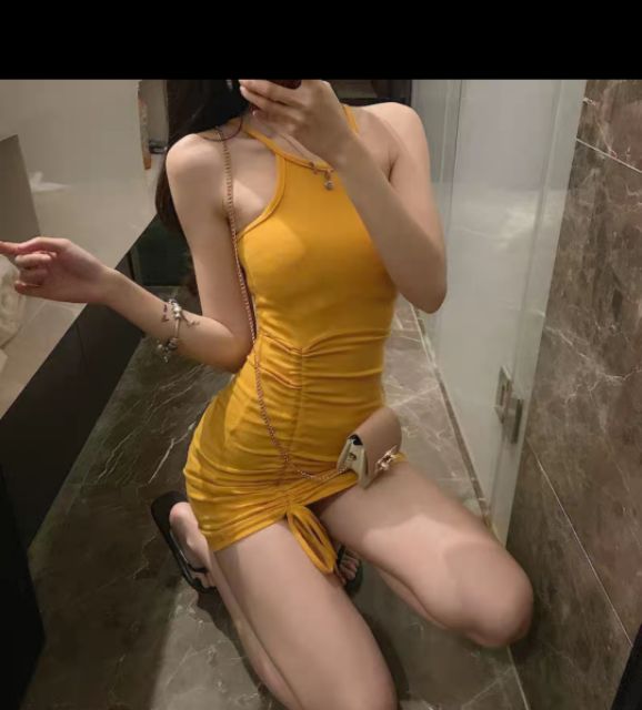 Sale Đầm body cổ yếm dệt kim dây rút sexy có ảnh thật