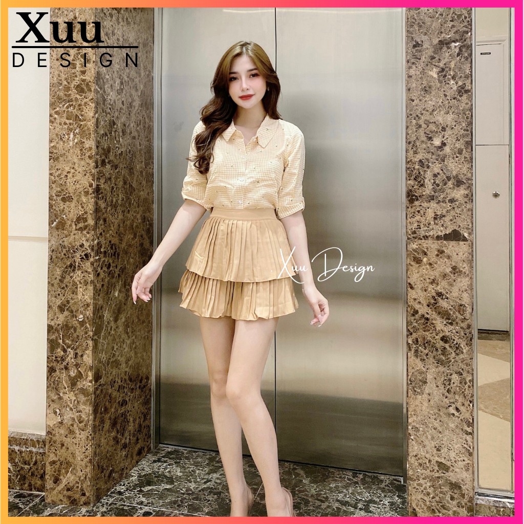 Áo sơ mi nữ công sở Xuu Design💖 Freeship-Ảnh Thật💖 Sơ mi kẻ cổ sen, chất vải đẹp [BS11 caro Vàng]